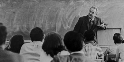 Lyndon Johnson in the classroom during an April 1970 visit to his alma mater. Photo courtesy Texas State University-San Marcos.