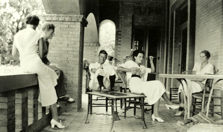 <em>Richard Dyke, left, Jack Wilder, Virginia Wilder, and Ruth Reed with unidentified friend on the south porch of the Byrne-Reed house circa 1930. Courtesy of the Reed family.</em>