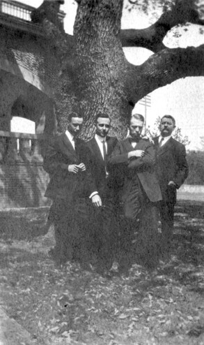 <em>Photograph of Byrne family men around the Live Oak tree that is still growing on the south side of the Byrne-Reed House. Courtesy of Tom Reynolds.</em>
