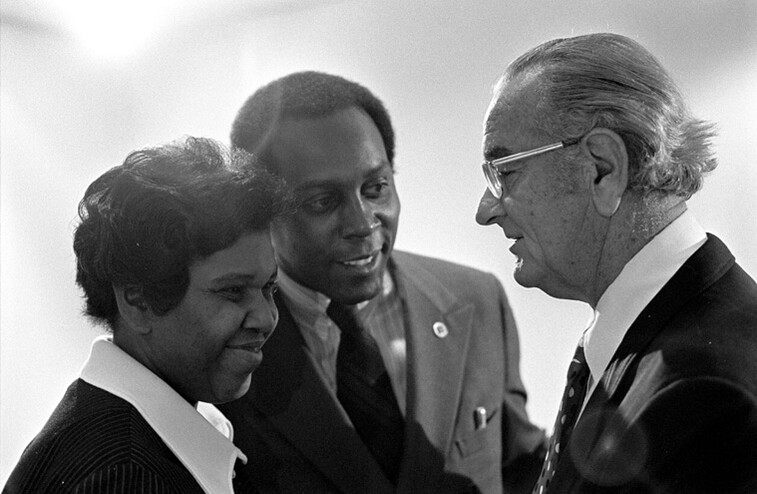 From left to right: Barbara Jordan, Vernon Jordan, and President Lyndon ...