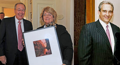 Left: Julius Glickman presents Linda Valdez with a Bill Wright photograph. Right: Robert Kruckemeyer.